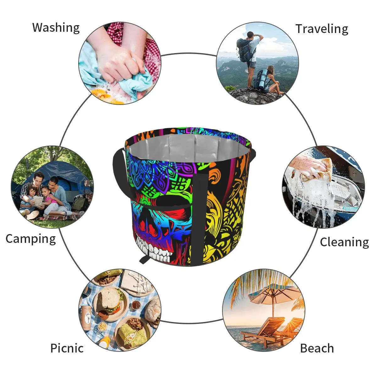 

Foldable Water Bag Psychedelic Skull Outdoor Sports Camping Hiking Storge Water Bucket Picnic Water Container Lifting Carrier