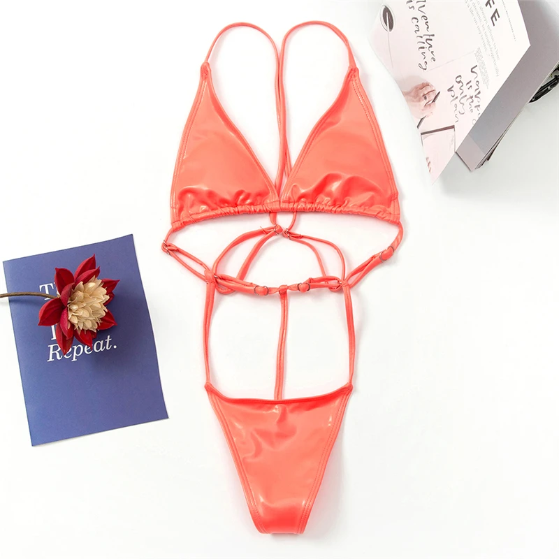 Сексуальный купальник из искусственной кожи для женщин сплошной цвет пляжная