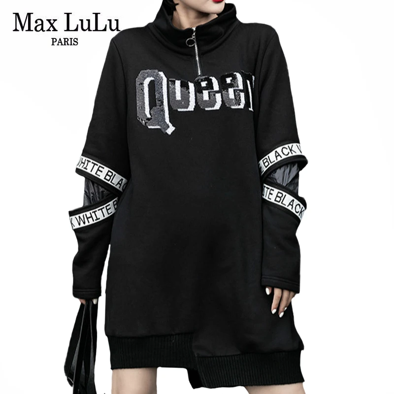 Max LuLu Korean Fashion Style Women Punk Sequins Dresses Ladies Loose Black Warm Winter Dress Casual Printed Turtleneck Vestidos | Женская