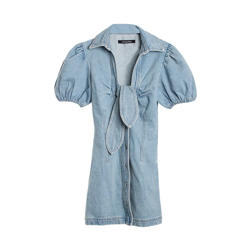 

Women's 2020 Summer Shirtdress Light Blue New Butterfly Bandage Lantern Sleeve Sexy Slimming Denim Skirt