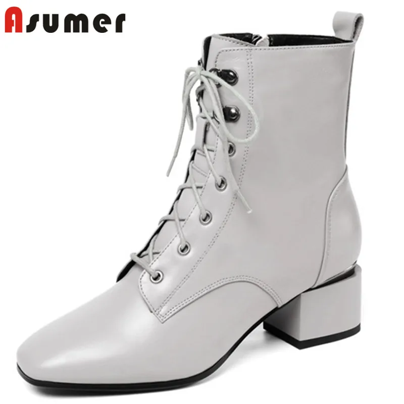 

Женские ботильоны из натуральной кожи ASUMER, с квадратным носком, на шнуровке, на молнии, на среднем каблуке, зимние классические ботинки, 2021