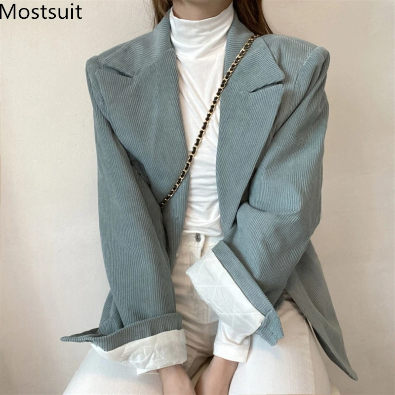 

Single-breasted Corduroy Thick Women Blazer Coat Turn-down Collar Long Sleeve Korean Vintage Fashion Female Jacket Femme