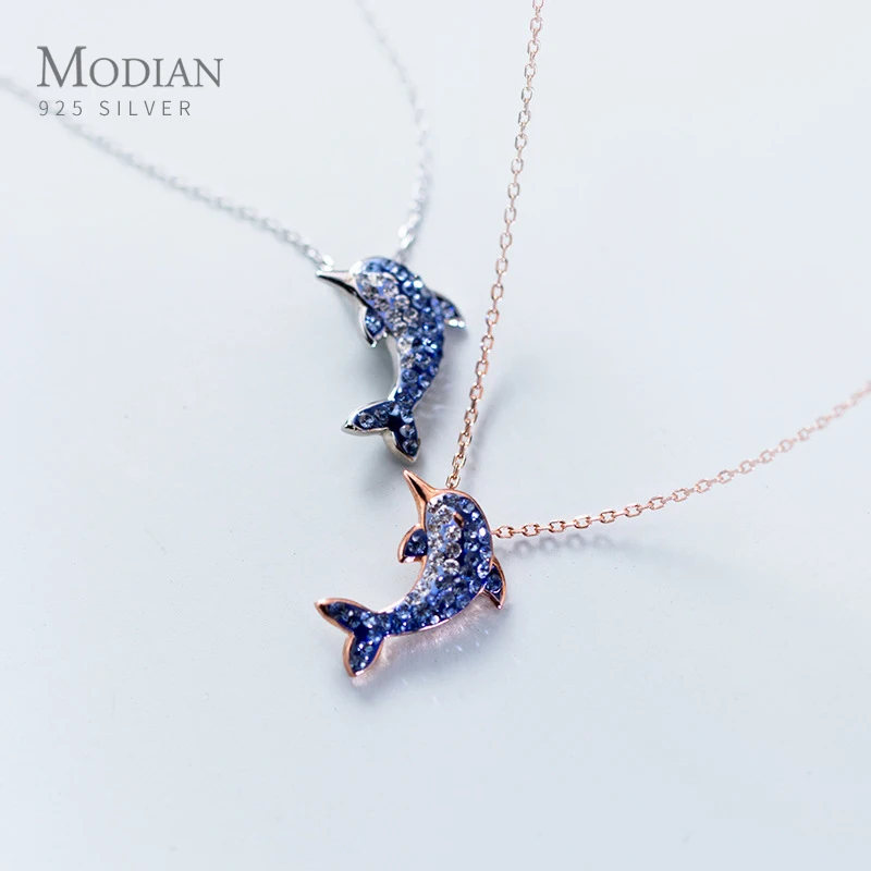 

Modian New Trendy Blue Crystal Dolphin Sparkling Necklaces Pendant For Women Real 925 Sterling Silver Animal Charm Jewelry Gift