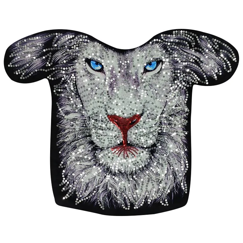 1 Piece Large Sequins Lion Head Embroidered Patch Rock Punk Style For Clothing Accessories Applique Sew On DIY Supplies | Дом и сад
