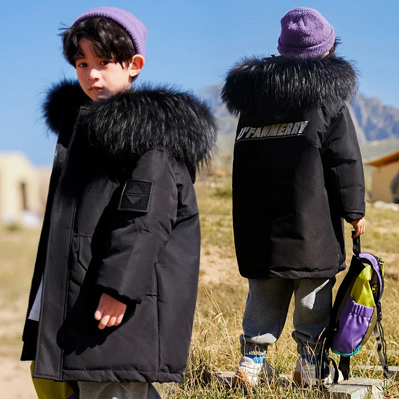 

Пальто на утином пуху для морозов-30 градусов повседневное плотное и теплое длинное пальто для мальчиков ветрозащитная пуховая куртка с кап...