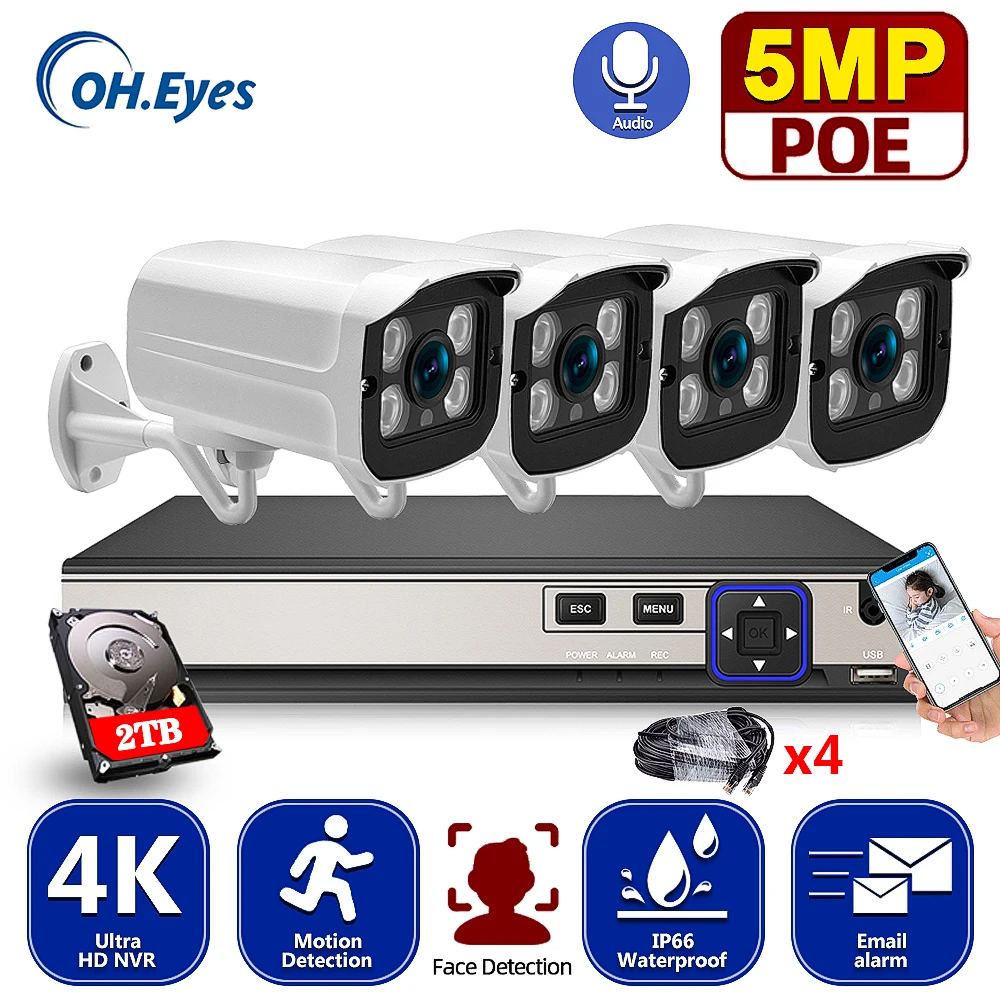 

4CH 4K POE Network Video Security System 8MP H.265+ NVR With 5MP Audio Recording Weatherproof IP Camera CCTV Security Kit
