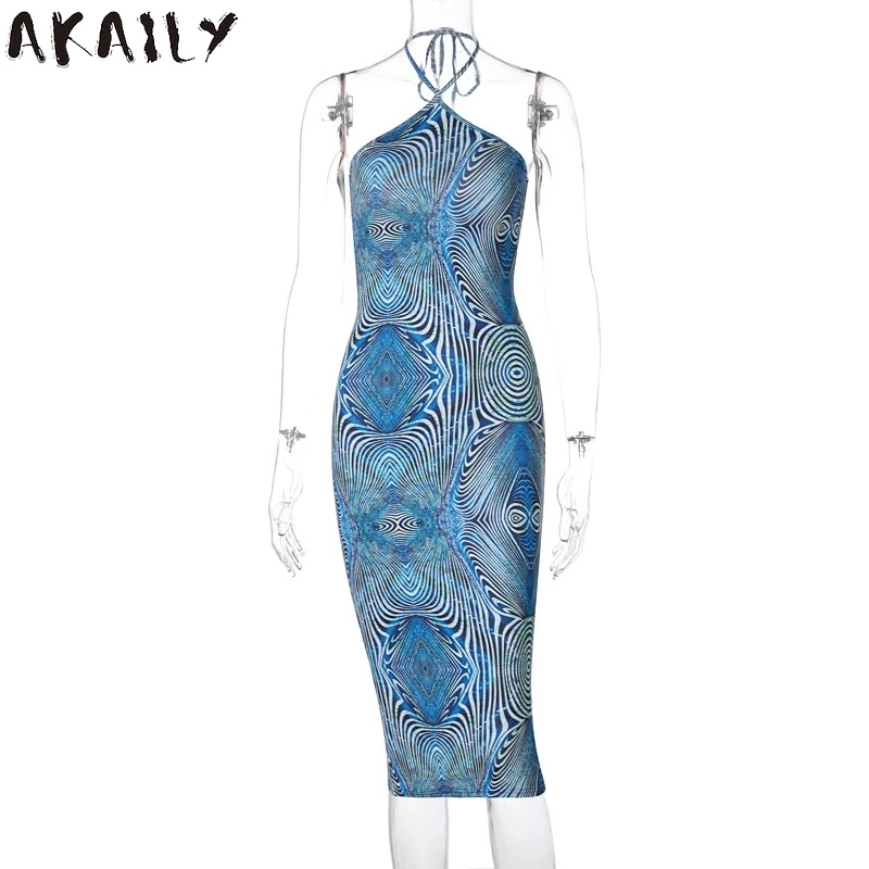 

Akaily Streetwear Print Halter Midi Dress Women Bodycon SunDress Summer Sleeveless Backless Wrap Female Dresses For Women 2021