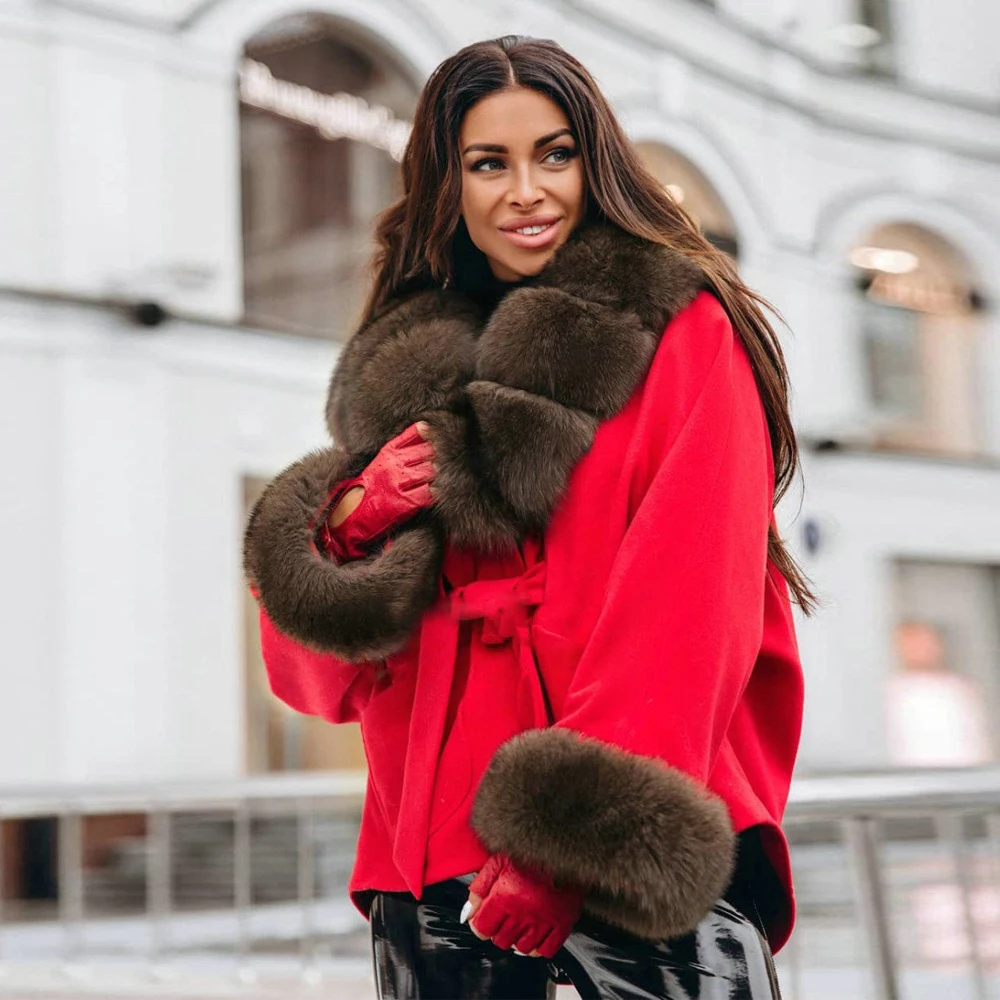 Winter Fashion Real Fox Fur Wool Blends Coats Outwear 2022 Whole Skin Genuine Fox Fur Cashmere Coat with Hood Thick Warm Outfit