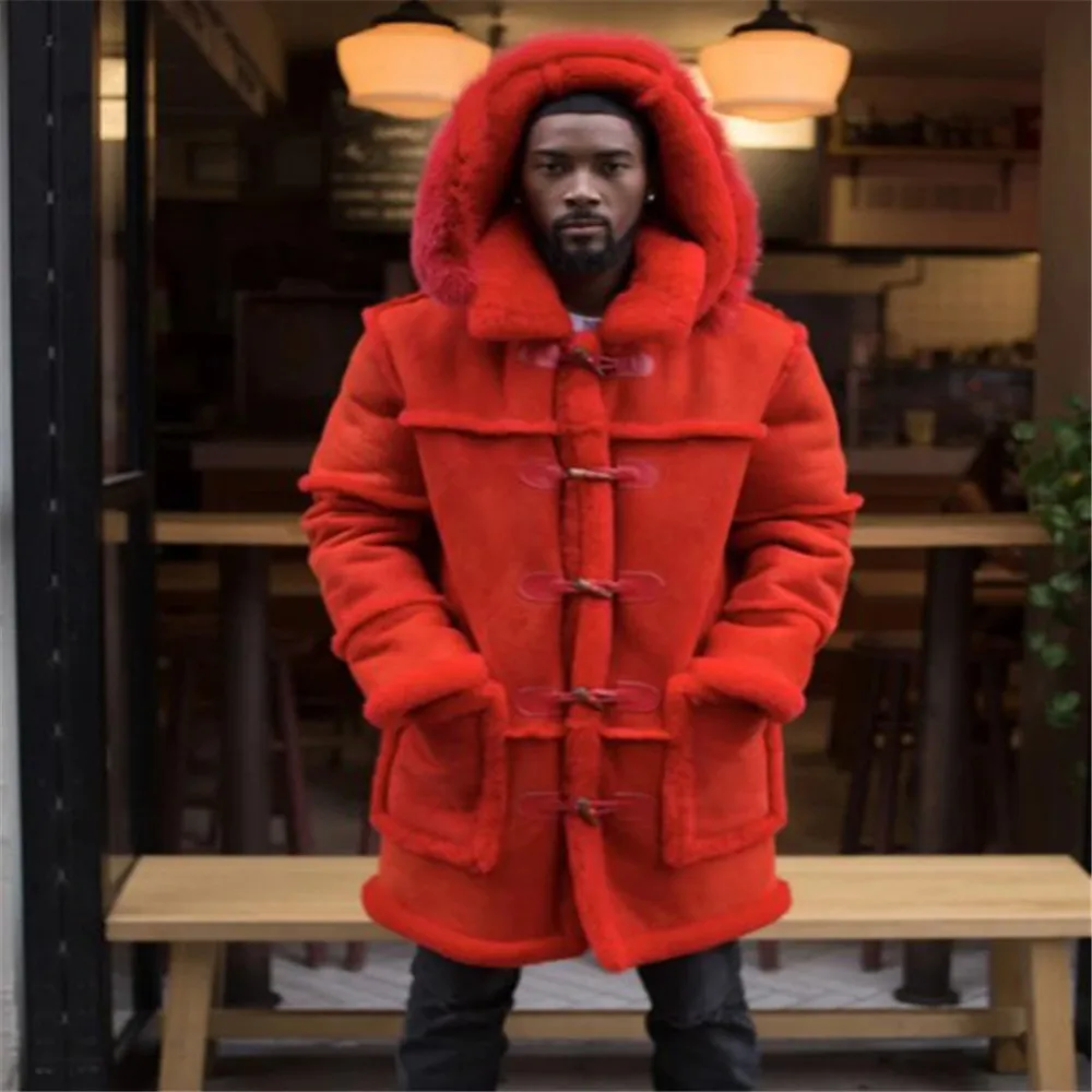 

Красные мужские куртки с искусственным мехом из искусственной кожи с капюшоном, Крутое Мужское пальто, зимние теплые Утепленные Пальто, мод...