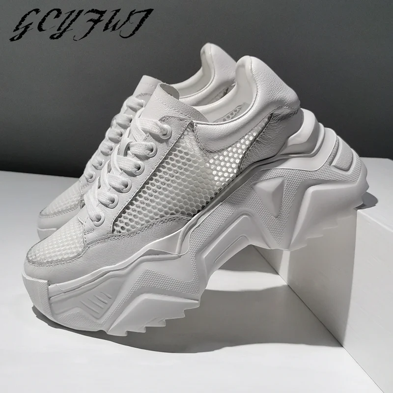 

Кроссовки женские из дышащей кожи, сетчатые, на плоской платформе, на шнуровке, Нескользящие, толстая подошва, Летний сезон