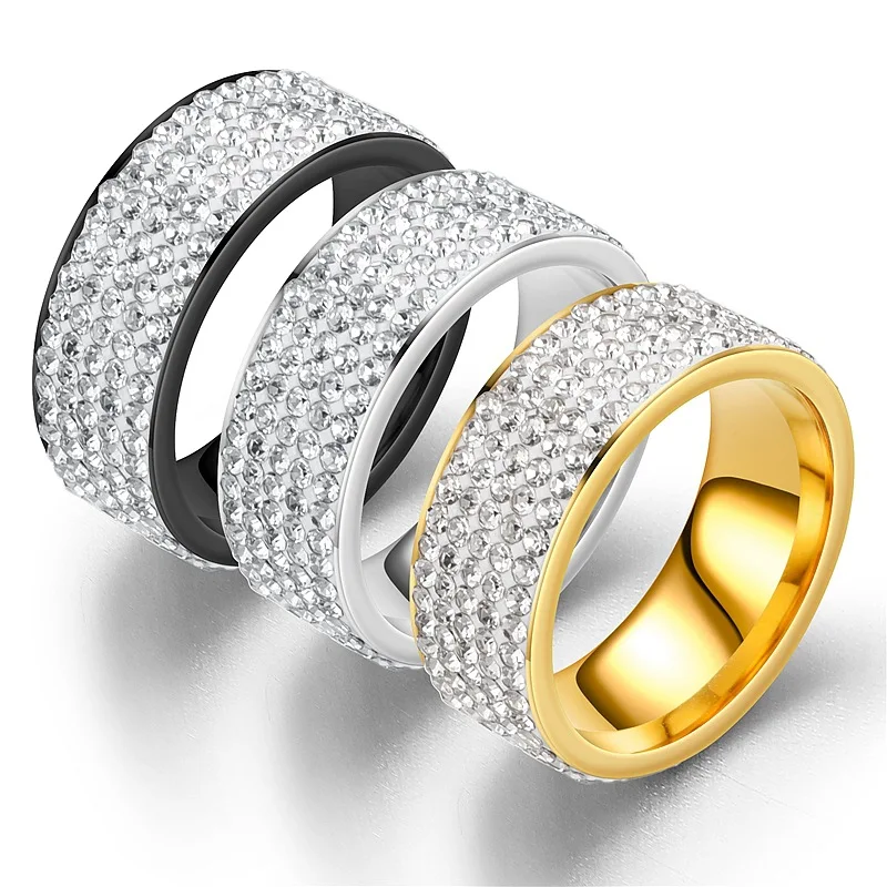 

Stainless steel couple five-row Zircon rings fashion classic titanium steel couple rings full zirconium three-row Zircon jewelry