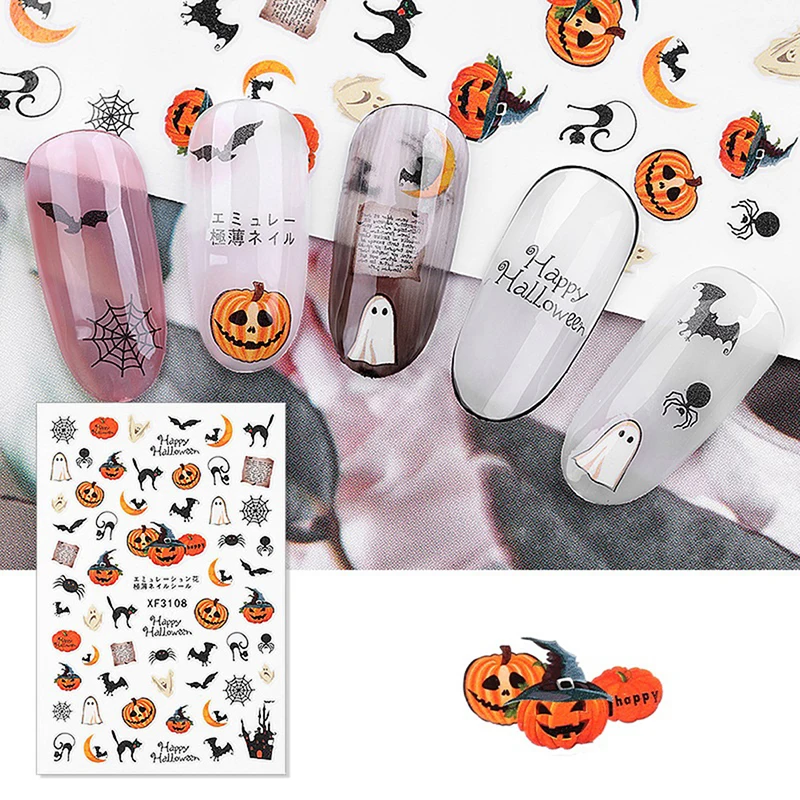 1 лист 3D Хэллоуин серии паук веб Черный кот летучая мышь Тыква дизайн лица клейкие