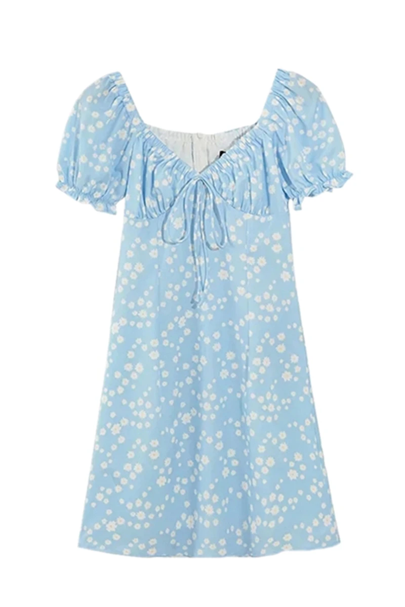 

French Fresh Lace Up Dress Girl Sweet Little Daisy Print Slim Bubble Sleeve High Waist Short Skirt Summer