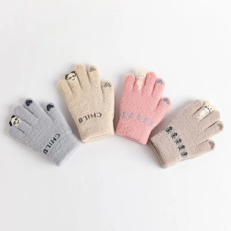

Зимние теплые детские перчатки, для сенсорного экрана, вязаные плюшевые перчатки с мультяшным рисунком пальцев, имитация кашемира,