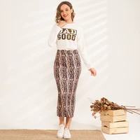 new products ladies fashion casual white letter printing long sleeved t shirt commuter all match woman two piece sexy skirt