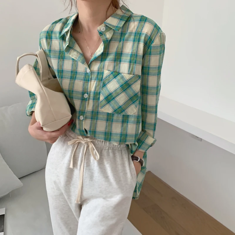 

HziriP Green Plaid Elegance Hot Girls Loose 2021 Geometric Casual Vintage Gentle Basic New Streetwear Basewear Retro Shirts