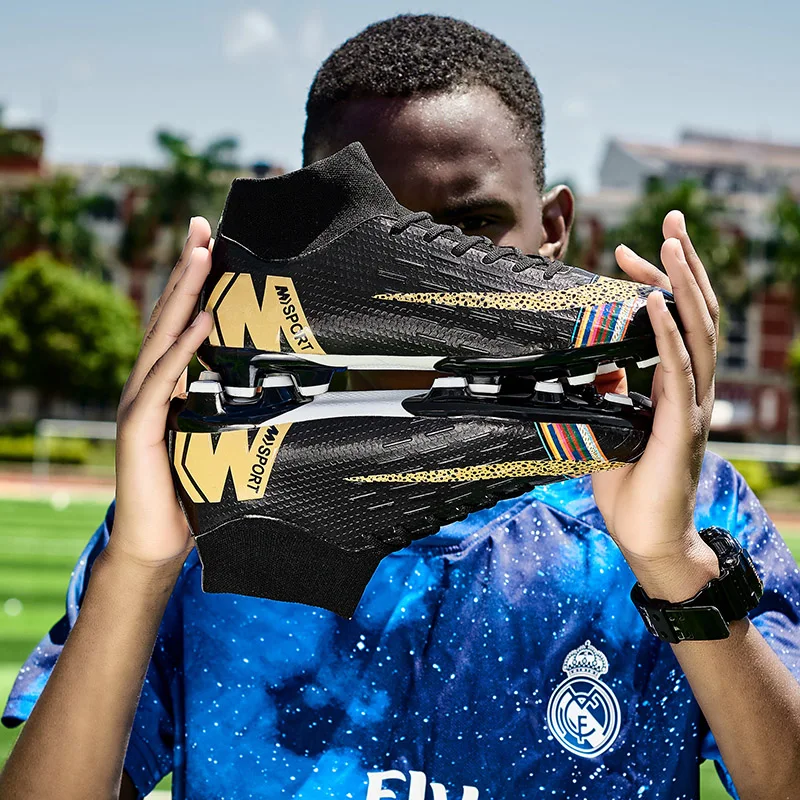 Men Football Boots Soccer Cleats Long Spikes TF Ankle High Top Sneakers Soft Indoor Turf Futsal Rubber Sole 22 |