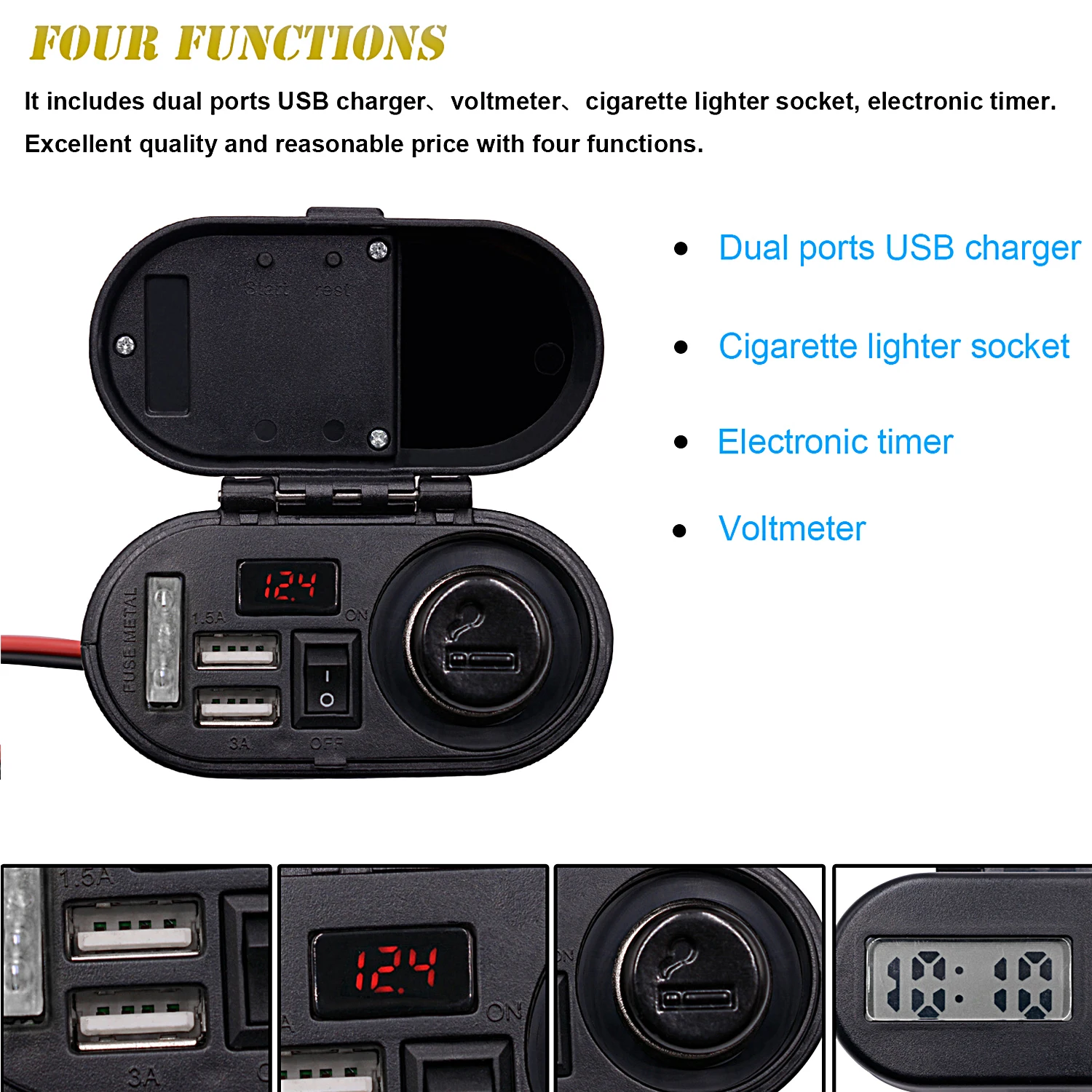 motorcycle modified parts 12v mobile phone dual usb charging port cigarette lighter voltage display timetable four in one free global shipping