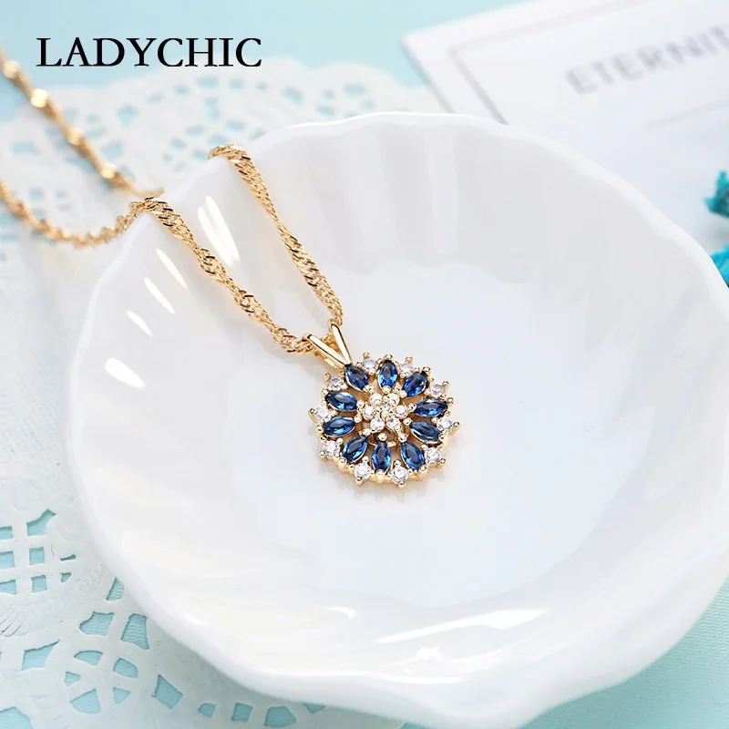 LADYCHIC Синий Кристалл Шарм ожерелья и подвески цвет серебристый, золотой AAA качественный Цирконий цветочный дизайн для женщин Подарки LN1137