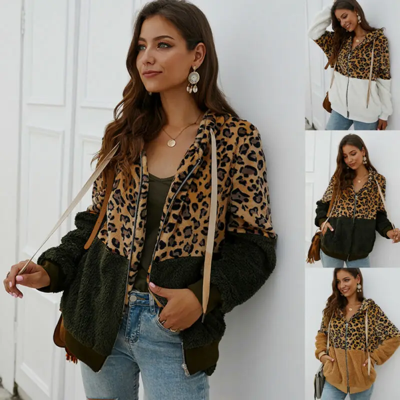 

Women Teddy Bear Fleece Leopard Coat Jacket Autumn Winter Warm Zipper Hoodie Sweater Jumper Outwear