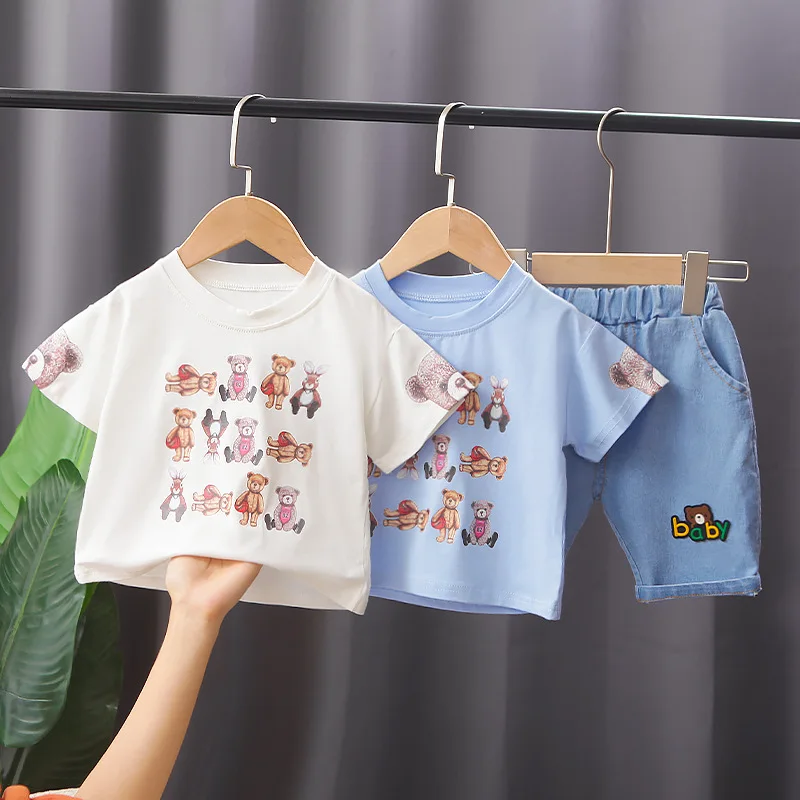 

Summer Boy Clothing Set 2021 New Fashion Active Casual Cartoon Bear T-shirt+ Pant Kid Children Baby Toddler Boy Clothing