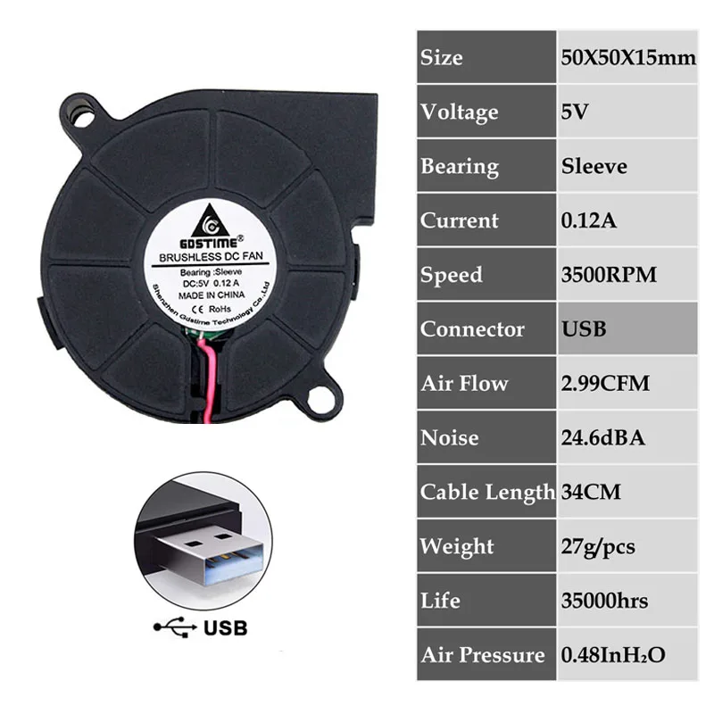 5V USB 0.12A 5 шт. Gdstime DC 5 в 12 В 24 В 5015 50 мм 5 см 50 мм x 15 мм два шариковых подшипника Бесщеточное охлаждение 50x50x15 мм 50x15 мм вытяжной вентилятор - Цвет лезвия: 5V USB 0.12A