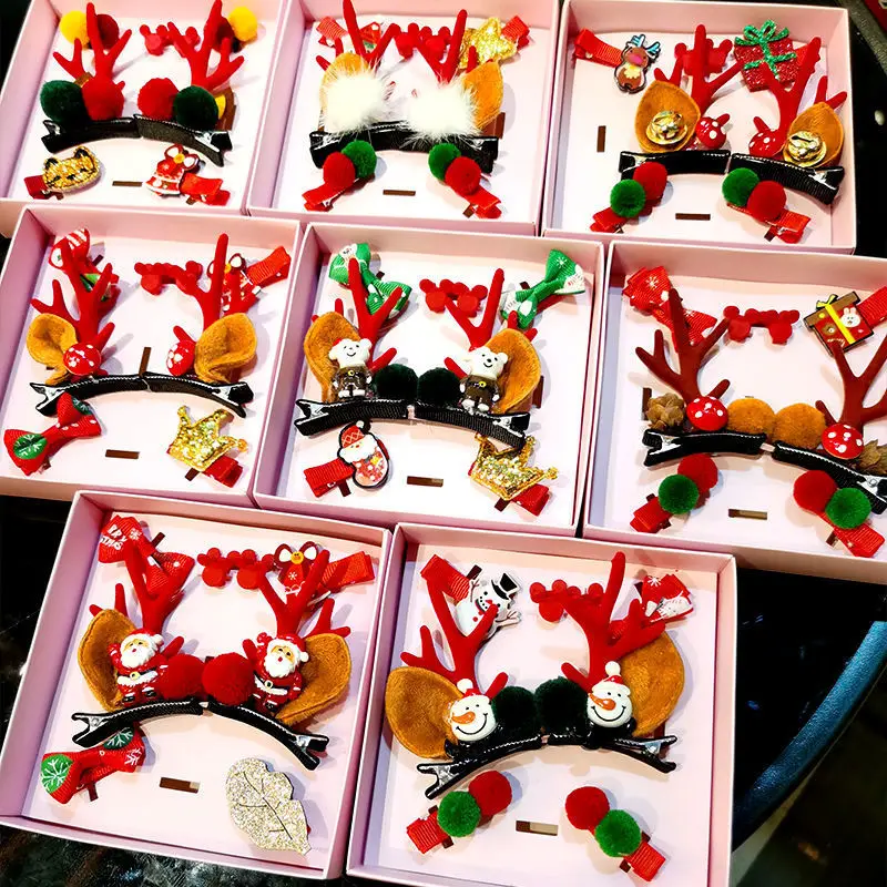 

8-piece Christmas gift box set Children's hair accessories Antlers cute headbands Girls Elk hairpin jewelry.