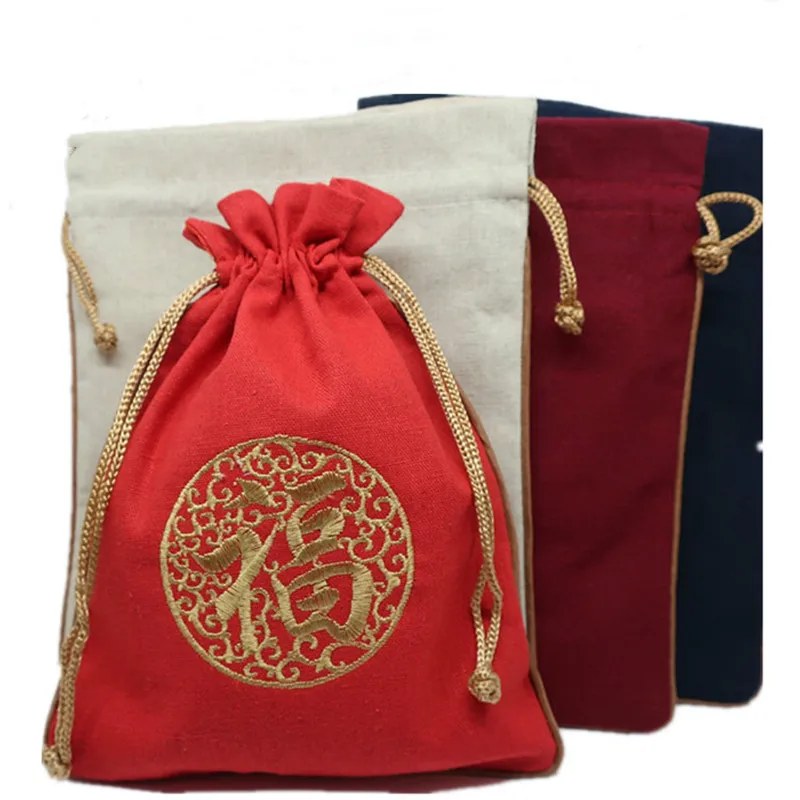 10pcs Chinese style Embroidery Lucky Fu Bag Large Jewellery Pouch Cotton Linen Drawstring Gift Packaging Candy Storage
