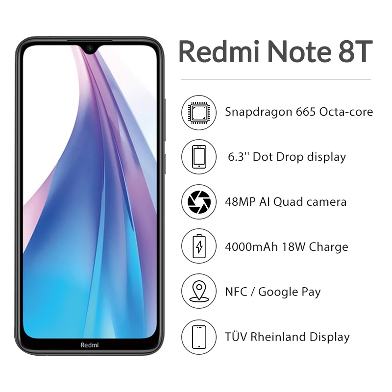 Оригинальный смартфон Redmi Note 8T 48 МП 4 Гб ОЗУ 64 ПЗУ Восьмиядерный Snapdragon 665 6 3 дюйма FHD