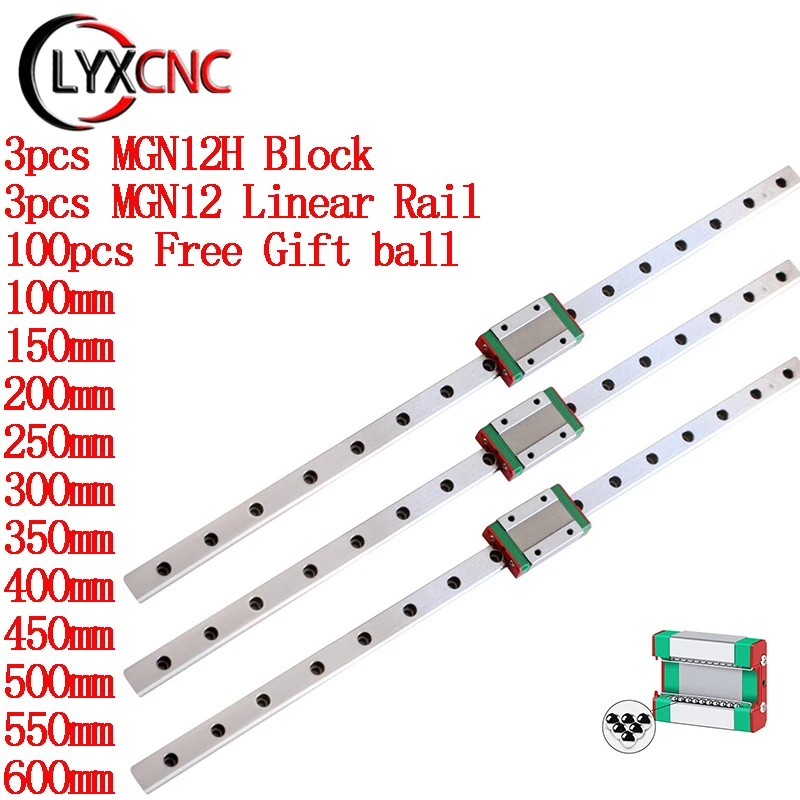 

Слайдер MGN12H 3 шт. с линейной направляющей MGN12 3 шт. 100 150 200 250 300 350 400 450 500 550 мм Бесплатный подарок шарик для 3D-принтера CNC