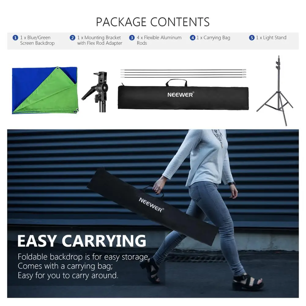 

Neewer 35x70Inches/90x180CM Portable 2-in-1Chromakey Blue/Green Backdrop Screen with 6.5Ft/200CM Light Stand Kit,4 Flexible Rods