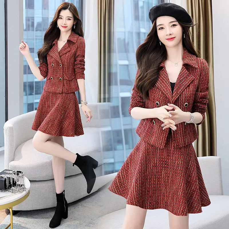 Retro Suit Skirt Women's Woolen Jacket 2021 Autumn Fashion Slim Plaid Skirt Two Piece Set Outfits Office Lady Short Blazer M729