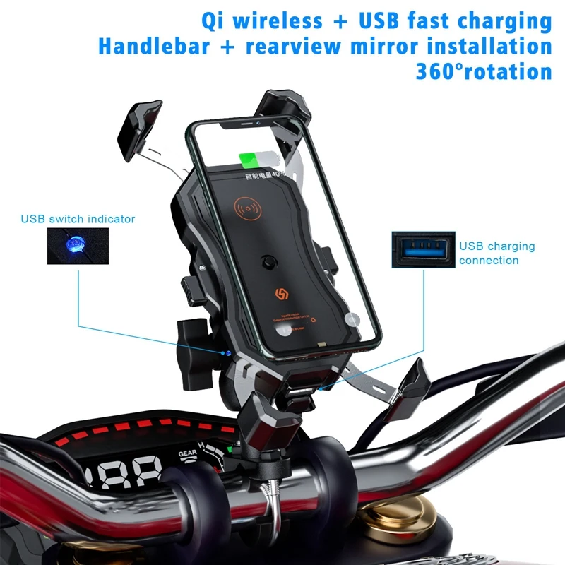 

Motorcycle Wireless Qi & USB Quick Charging 2 in 1 Handlebar Cell Phone Holder 10CM Stem for 4.7-6.5 Inch Phone