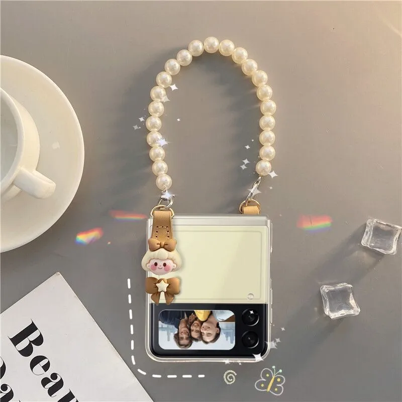 

3D Luxury Pearl Bracelet Cute Girl Transparent Armor Corner Phone case For Samsung Galaxy Z Flip 3 Hand Chain Clear Z Flip Cover