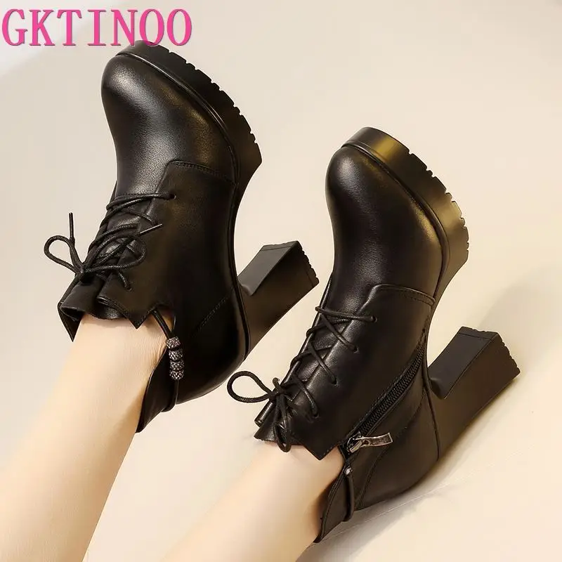 Женские ботинки на очень высоком каблуке GKTINOO кожаные полусапожки платформе с