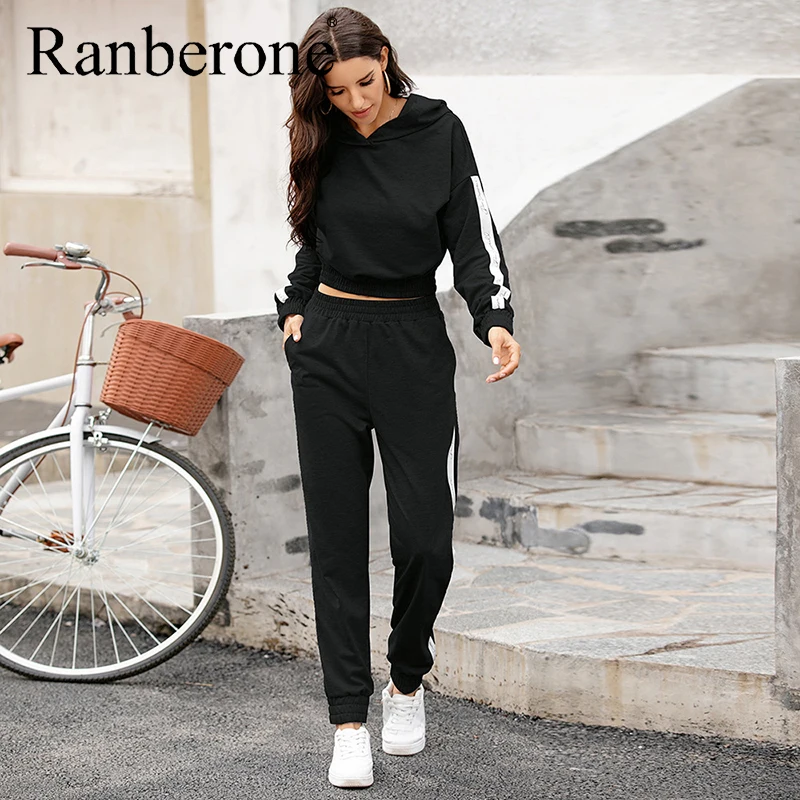 Ranberone Sport Suit Female Hooded Two Piece Set Crop Top And Pants Tracksuit Women Patchwork Suit Jogging Sport Matching Sets