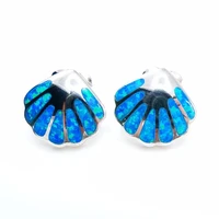 sea life animals blue opal sea shell stud earrings in 925 sterling silver for women gift