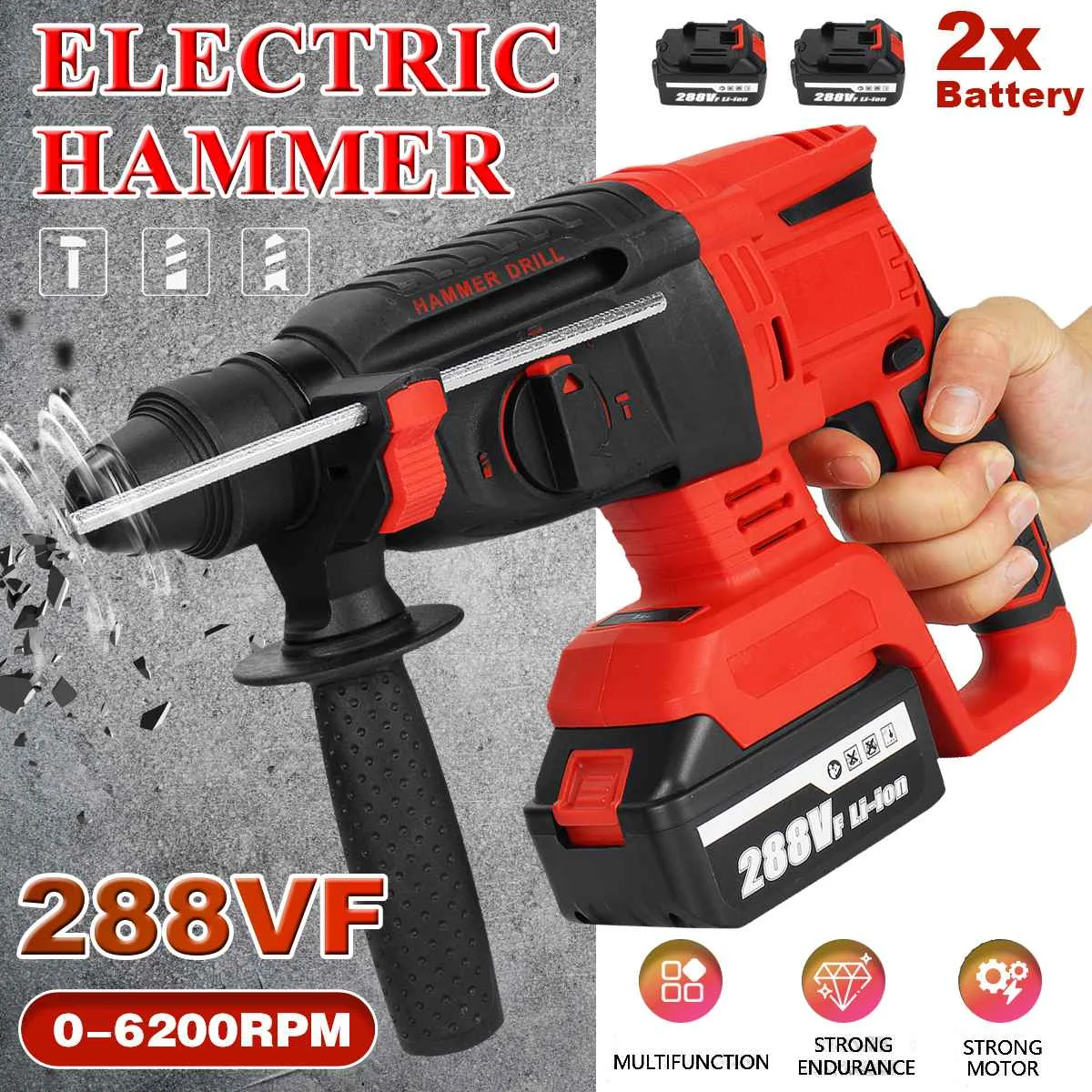 

NEW 288VF Brushless Electric Rotary Hammer Rechargeable Multifunction Electric Hammer Impact Power Drill Tool With 1/2 Battery