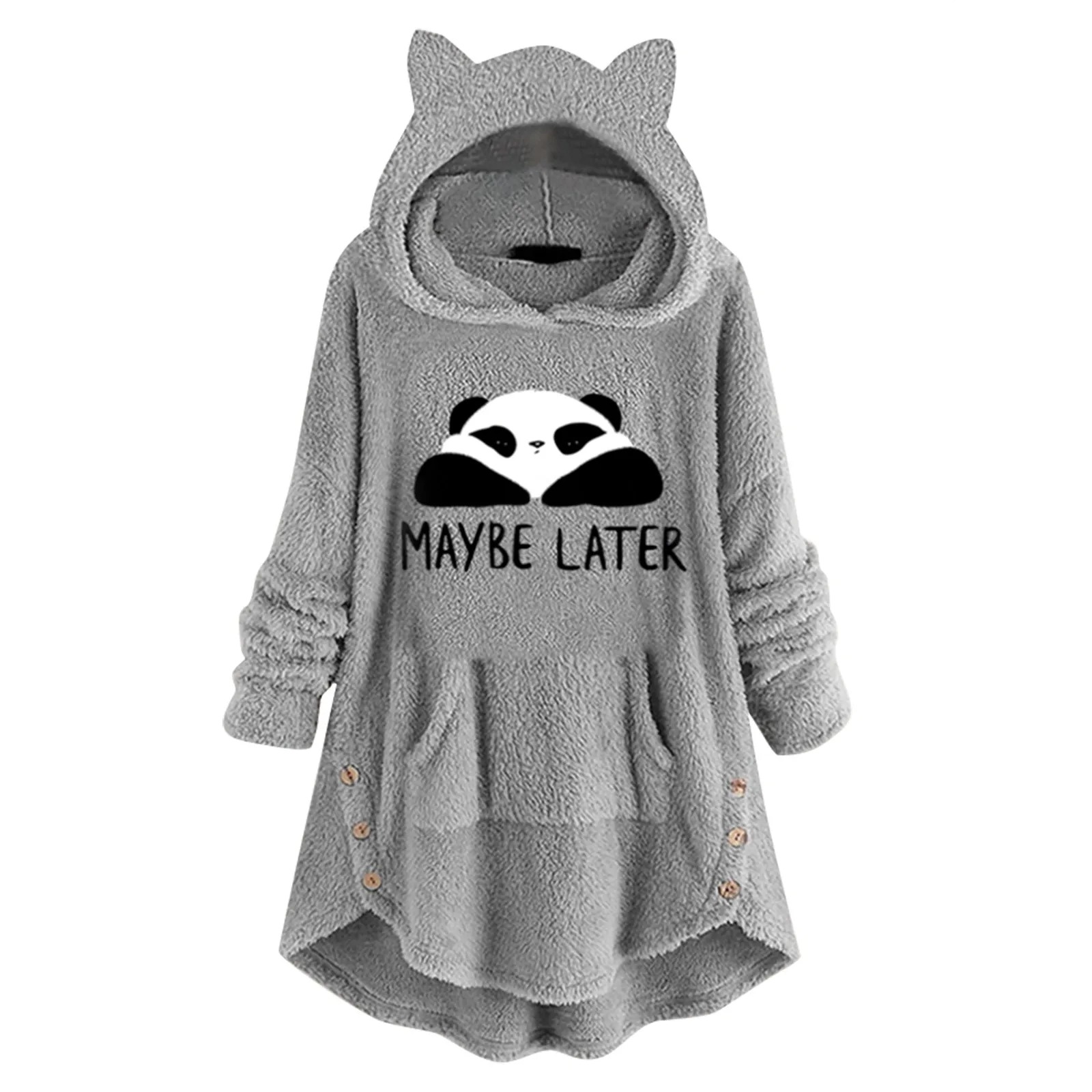 

Cat Top Button Cute Printed Pullover Long Women'S Hoodies Pockets Fleece Sleeve Hoodie Ear With Women's Blouse Casual Tops