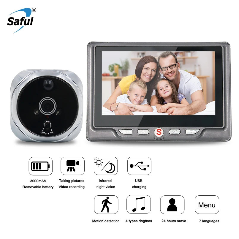 Saful Wireless Door Viewer Digital Zinc Alloy Doorbell with Night Vision Motion Detection Video Recording Peephole Camera | Безопасность