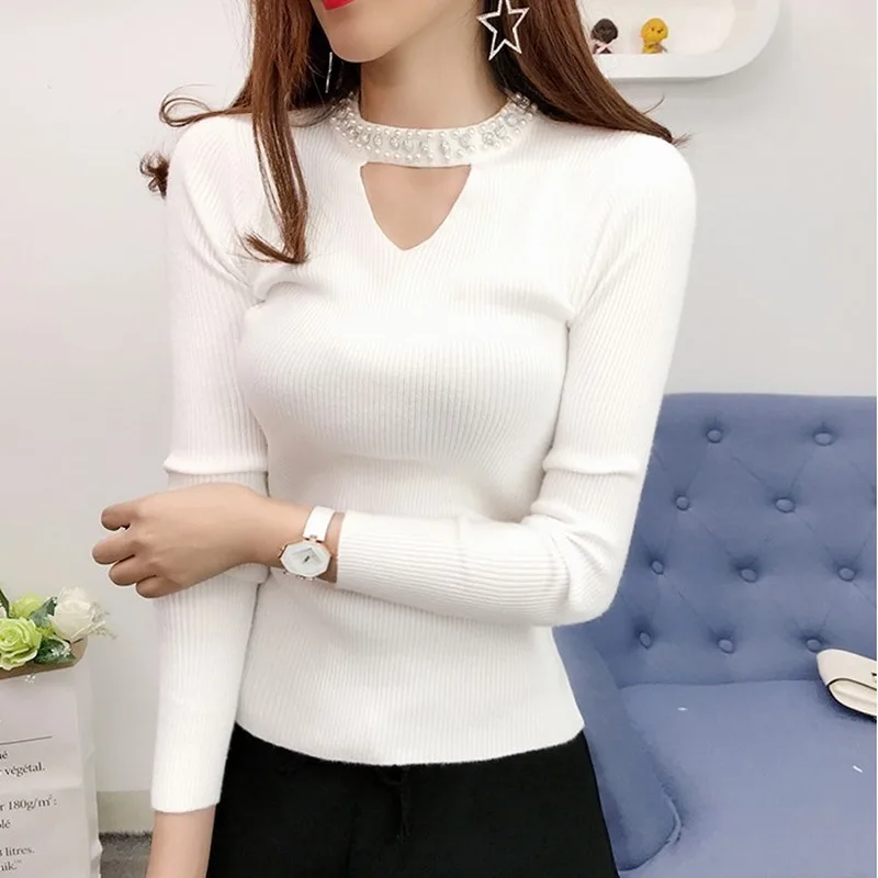 V-neck Knitted Sweater Solid Women 2021 Autumn Long Sleeve Hollow Korean Pullover Thin Slim Beading Bottoming Coat 10610 | Женская