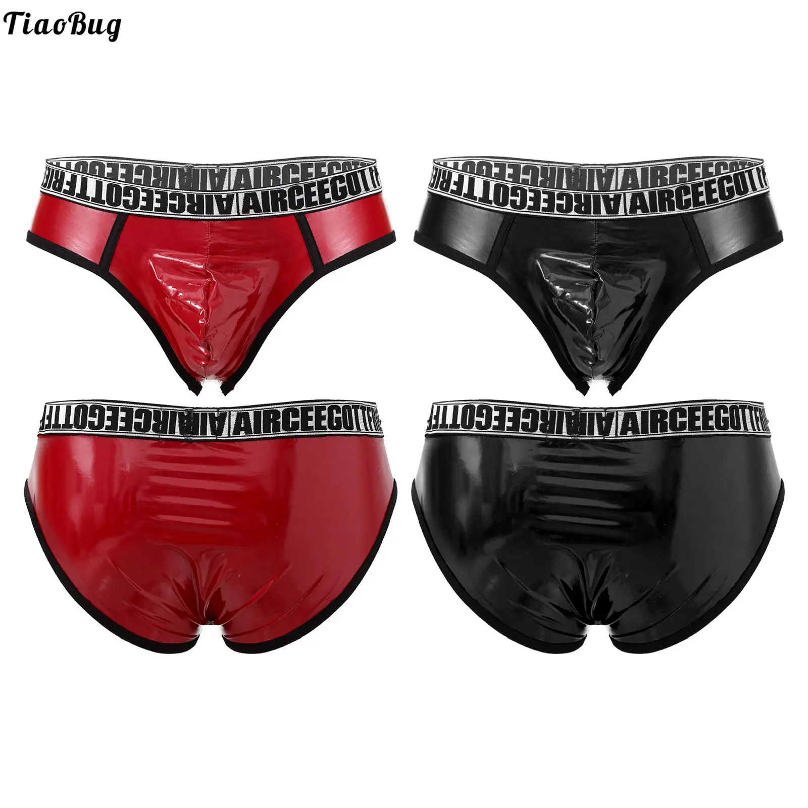 

Men Faux Leather Letter Print Elastic Waistband Brief Underwear Low Waist Bulge Pouch Underpants For Swimming Bathing Pool Beach