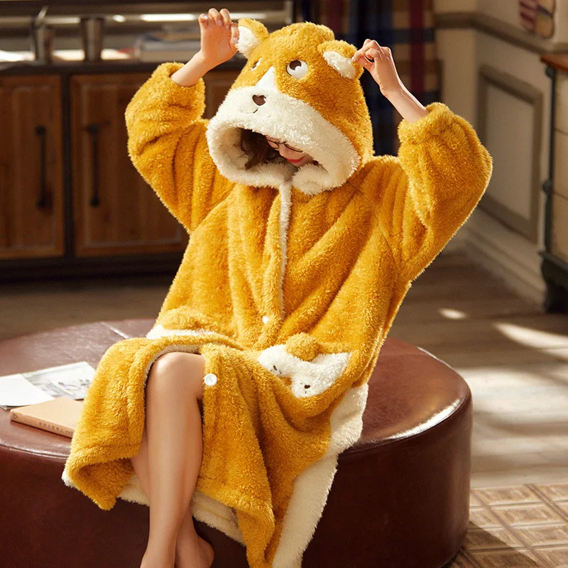 2021 Autumn and Winter Nightgown Rabbit Ears Sweet Coral Velvet Bathrobe To Keep Warm Long Flannel Plus Size Clothing for Women
