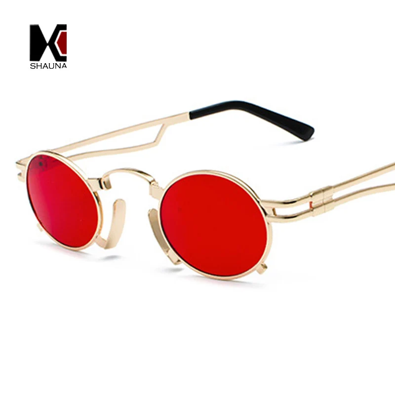 SHAUNA Vintage Oval Sunglasses Small Unique Sun Glasses Punk Shades Men Hollow Out Metal Frame Red Lens Glasses UV400