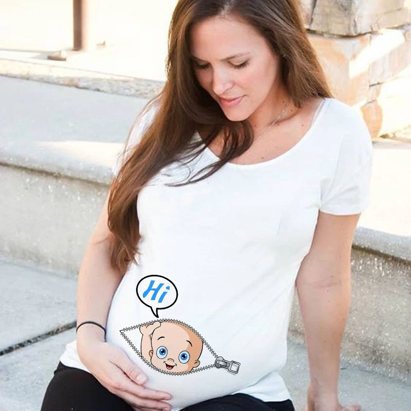 

Футболка WVIOCE с принтом «глаз» для беременных женщин, модная футболка с забавным принтом на молнии для мам, летние футболки для беременных же...