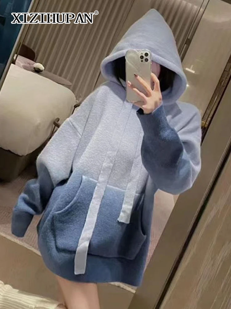 

XIZIHUPAN Casual Two Tone Sweater For Women Hooded Long Sleeve Cargo Loose Autumn Fashion Women's Sweaters 2021 Clothing New