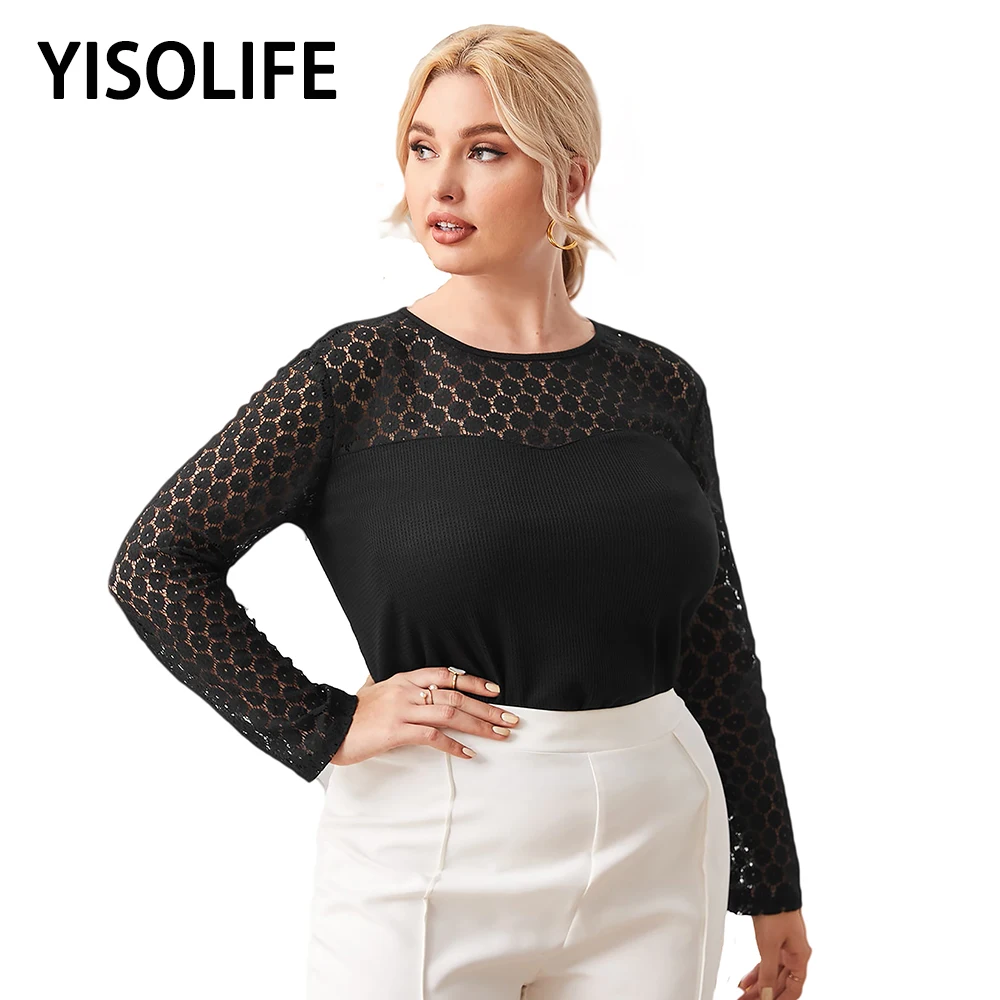 

YISOLIFE The New Women's Clothing Crew Neck Pullover Pure Black Long Sleeve Sexy Lace Sweater Half High Collar Splicing Shirt