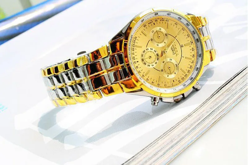 

Business Luxury Gold Watch Men Printing Stainless Steel Roman Numerals Metal Quartz Watches Male Crystal Diamond Wrist Watch