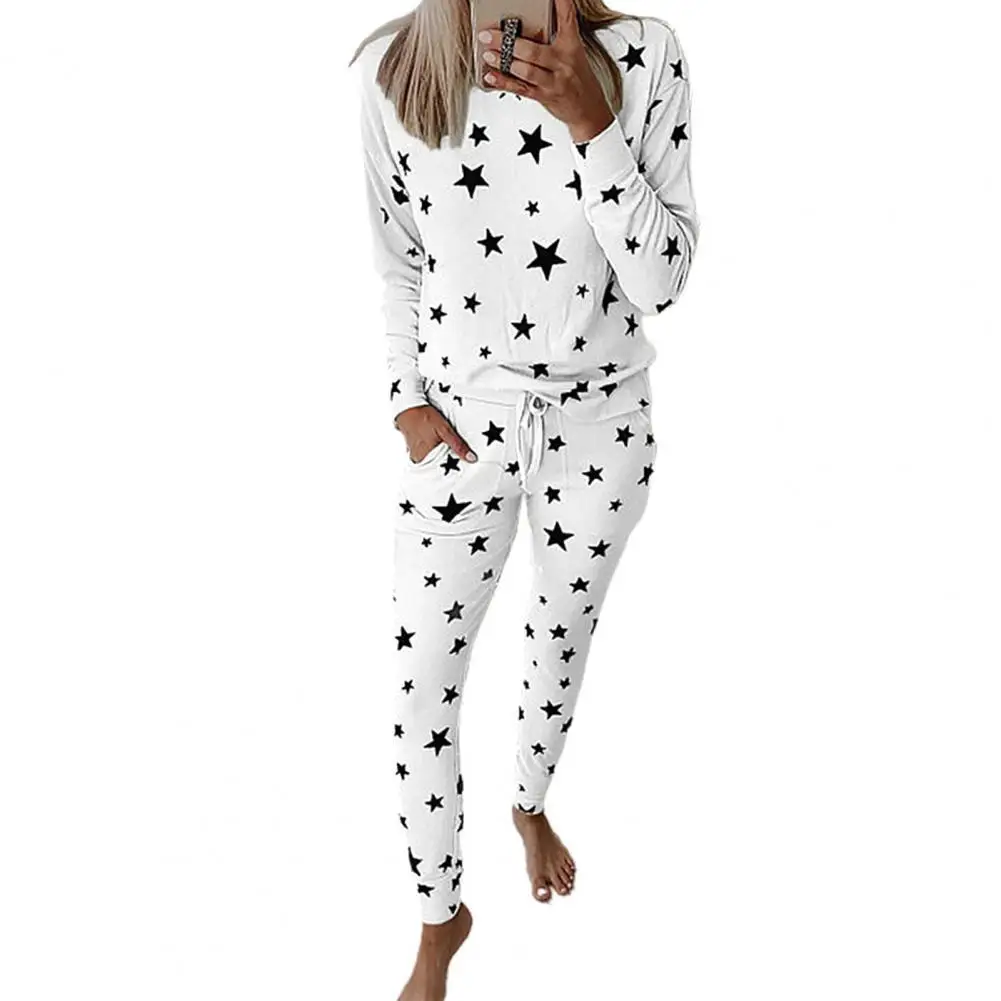 

Pajamas Set Women Underwear Casual Star Print Round Neck Elastic Waist Women Nighty Set Sleeping Homewear