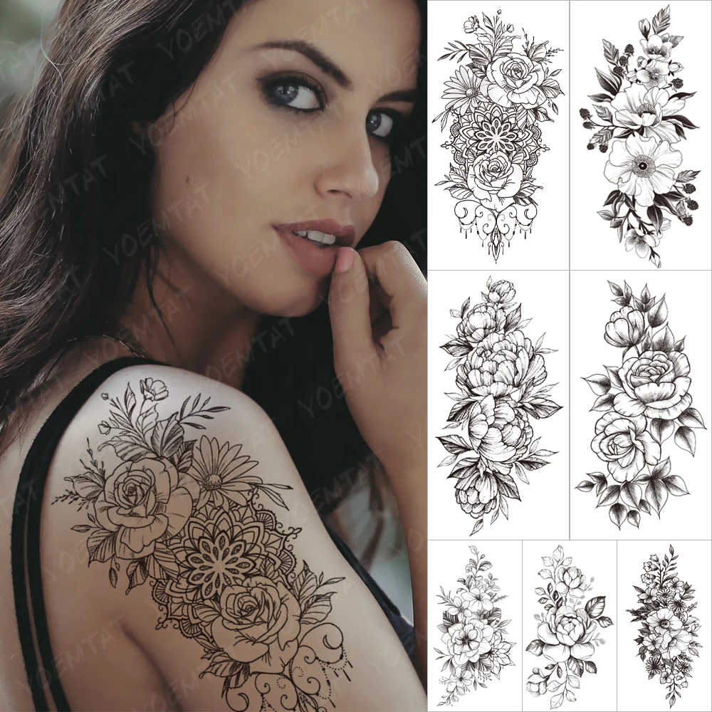 

Sexy Black Mandala Flower Temporary Tatto For Women Girls Henna Tatoo Paper Fake Jewelry String Snake Flower Tattoo For Party
